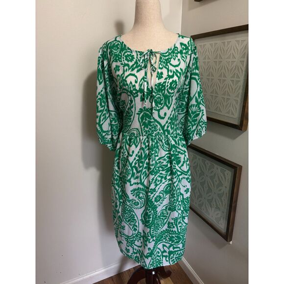 Emma & Michele Dresses & Skirts - Emma & Michele 2X Green White Ikat Paisley Boho Peasant Dress Preppy Coastal